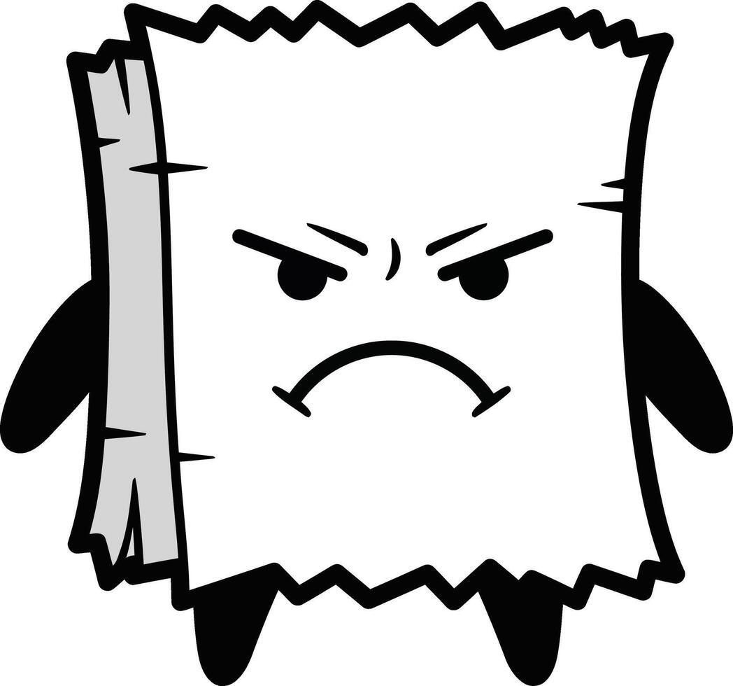 Angry cartoon paper bag character with arms and legs illustration in black and white style vector