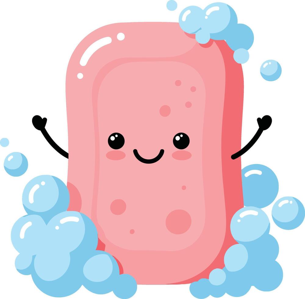 Pink soap bar with friendly face and blue bubbles cartoon illustration vector
