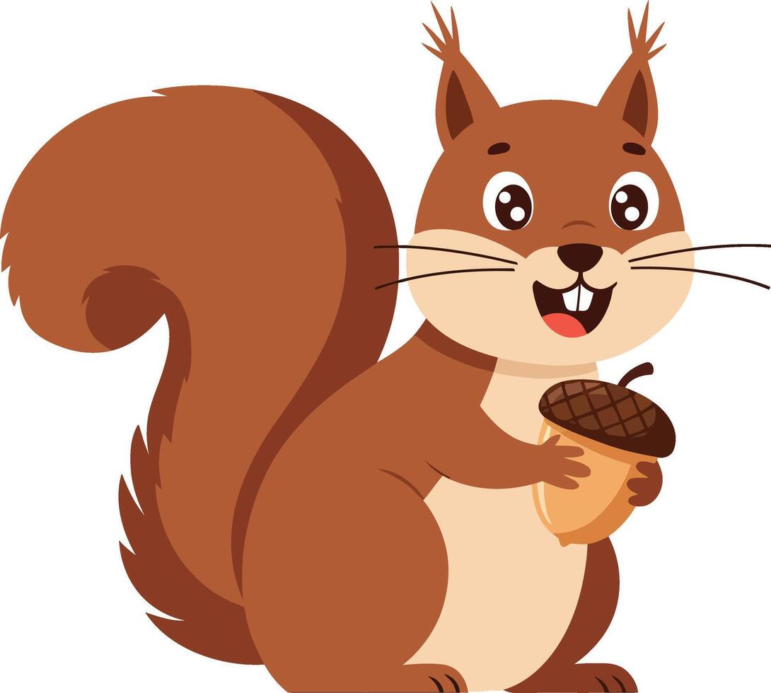 Squirrel holding acorn cartoon character with bushy tail and happy expression illustration vector
