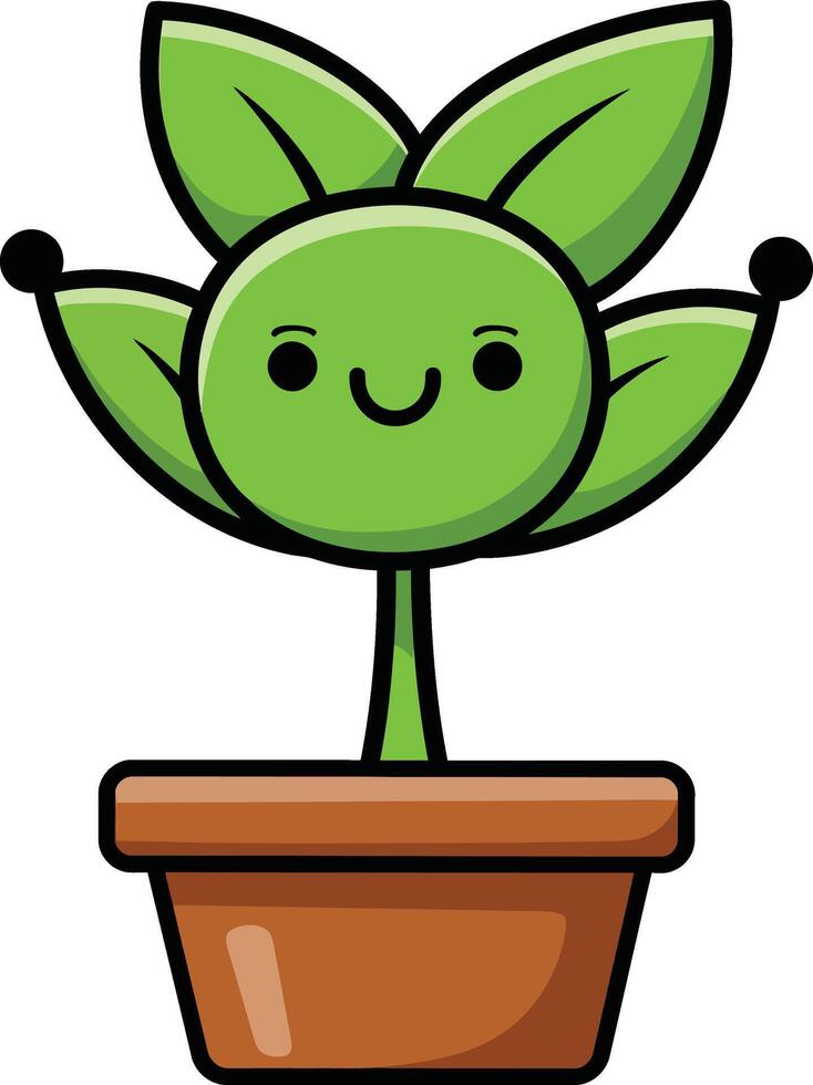 Cute happy green plant with leaves in brown flowerpot illustration for lifestyle and home decor design vector