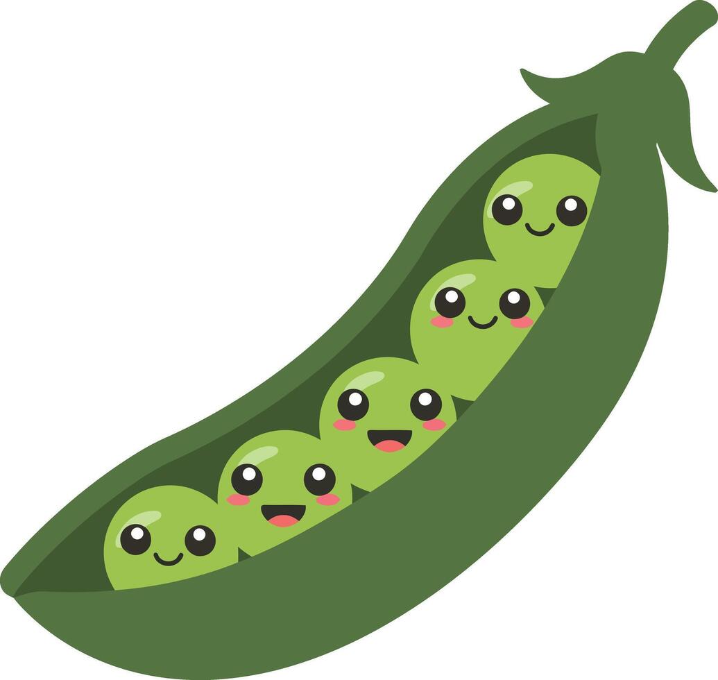 Green pea pod with smiling cute peas in kawaii style illustration for children and food design vector