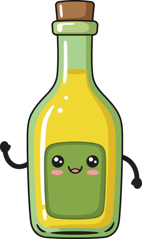 Cute smiling yellow olive oil bottle with green label and cork stopper illustration vector