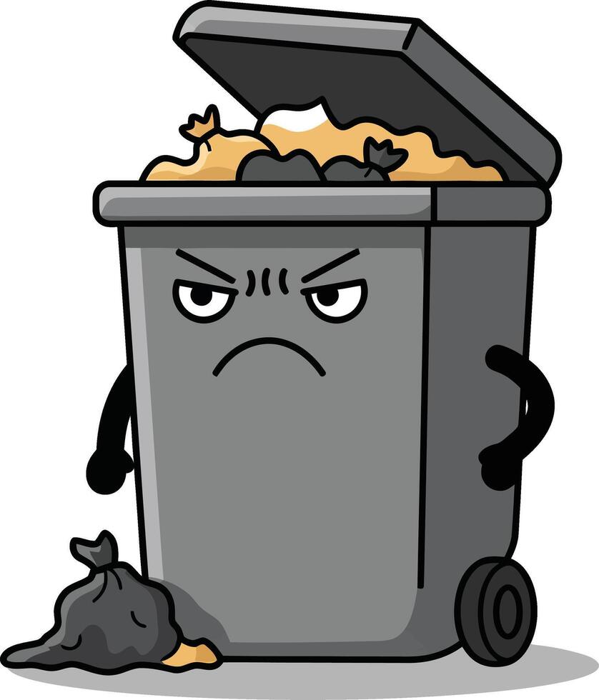 Animated angry overflowing garbage bin with trash bags and food waste illustration vector