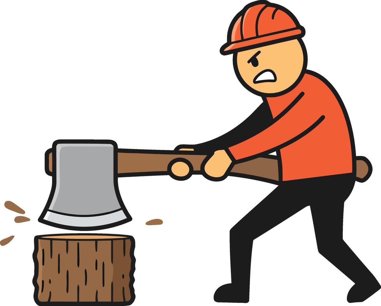 Man chopping wood with axe wearing orange helmet and shirt in simple cartoon style illustration vector