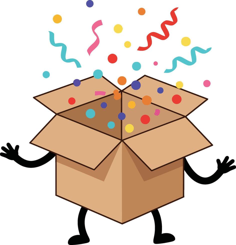 Animated cardboard box character with colorful confetti and streamers celebrating joyous moment illustration vector
