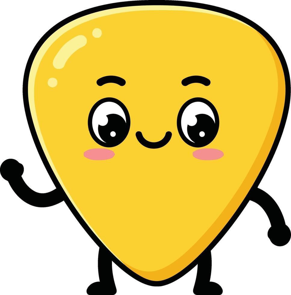 Cute yellow guitar pick character with smiling face and waving hand illustration vector