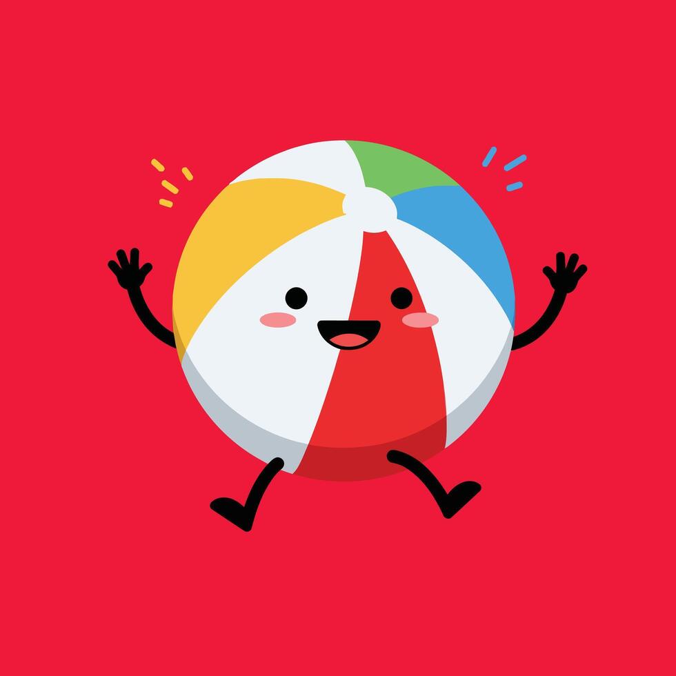 Happy colorful beach ball cartoon character with arms and legs on red background illustration vector