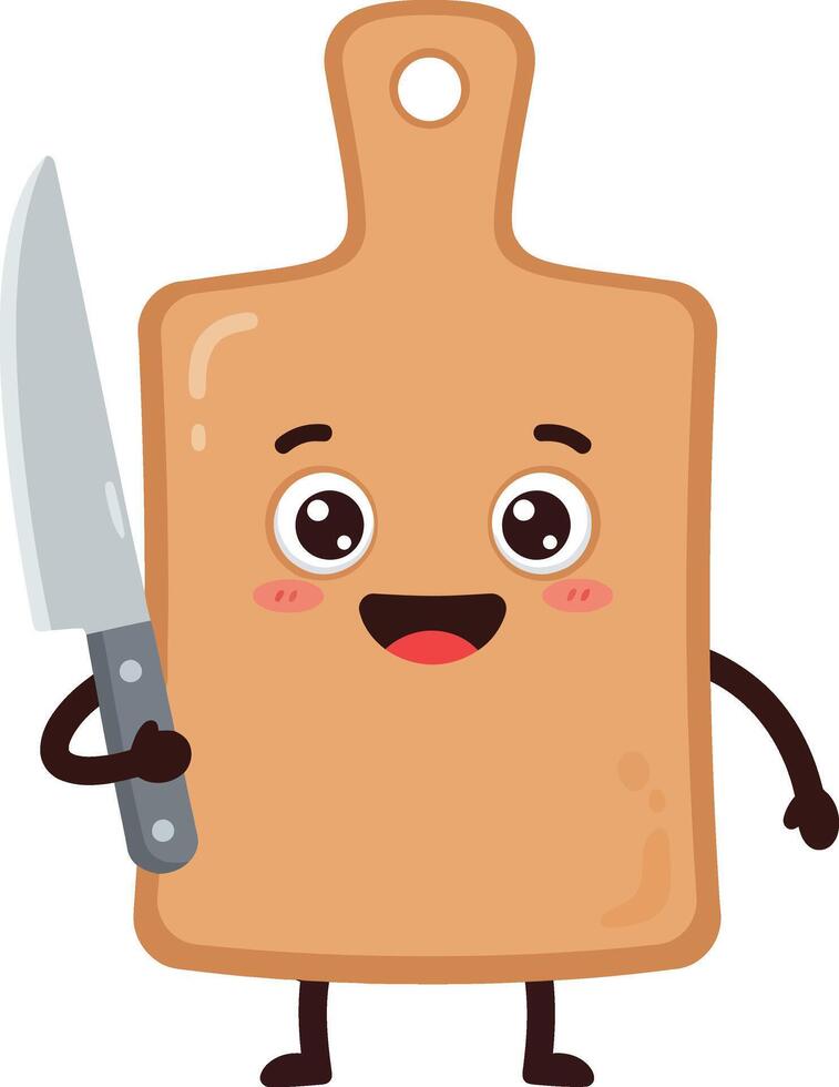 Cutting board character holding knife with happy face and cute expression illustration vector