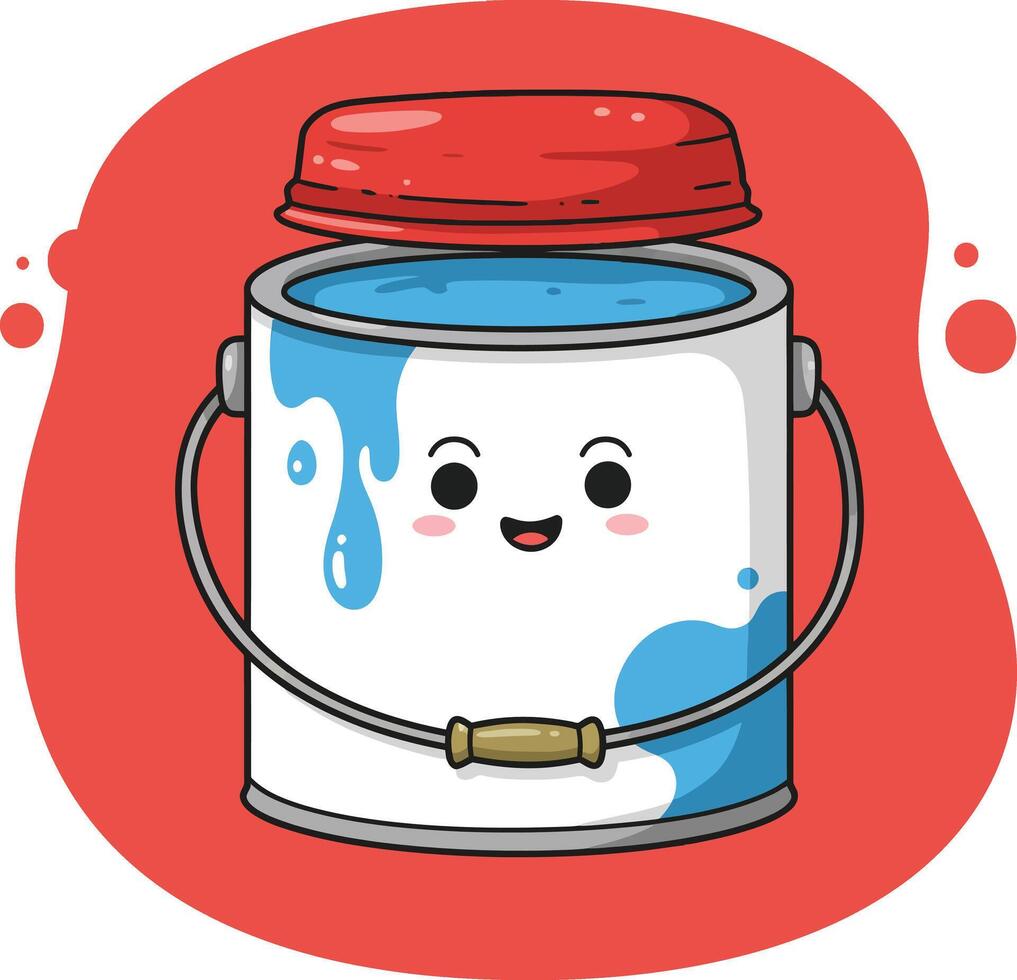Cute smiling paint can with red lid and blue paint splash illustration in cartoon style vector