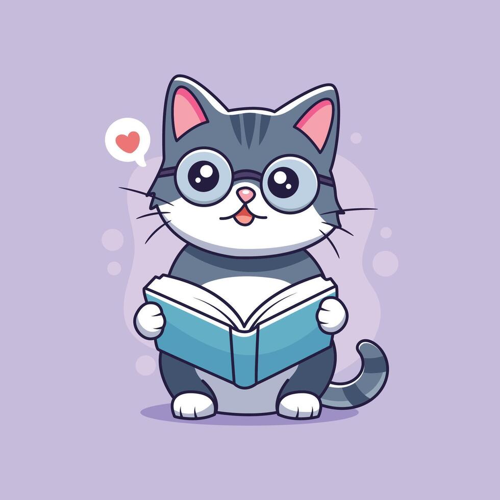 Cute cat reading a book. illustration in cartoon style. vector