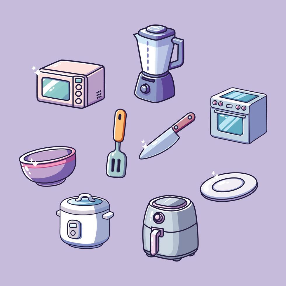 Kitchen utensils icon set over purple background illustration graphic design vector