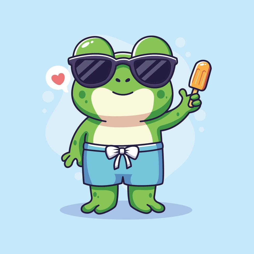 Funny frog in sunglasses with ice cream cartoon illustration graphic design vector