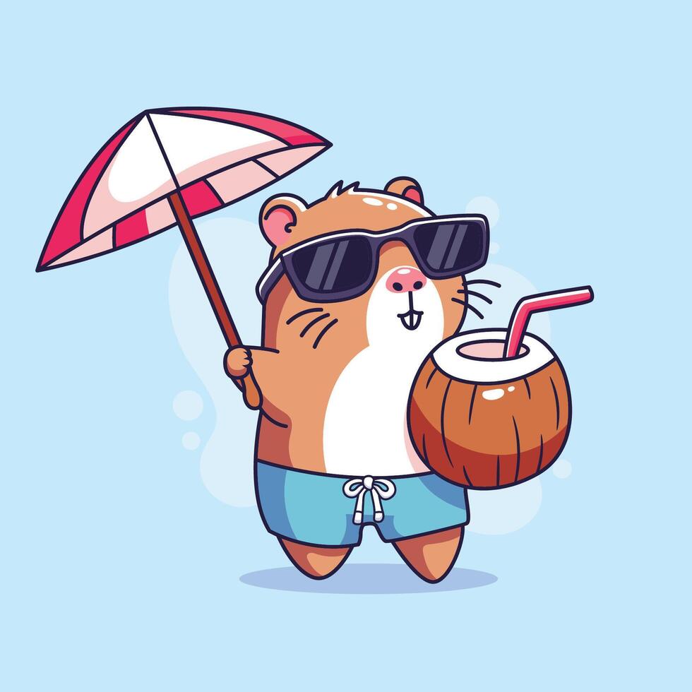cute capybara with umbrella and coconut cocktail cartoon illustration vector