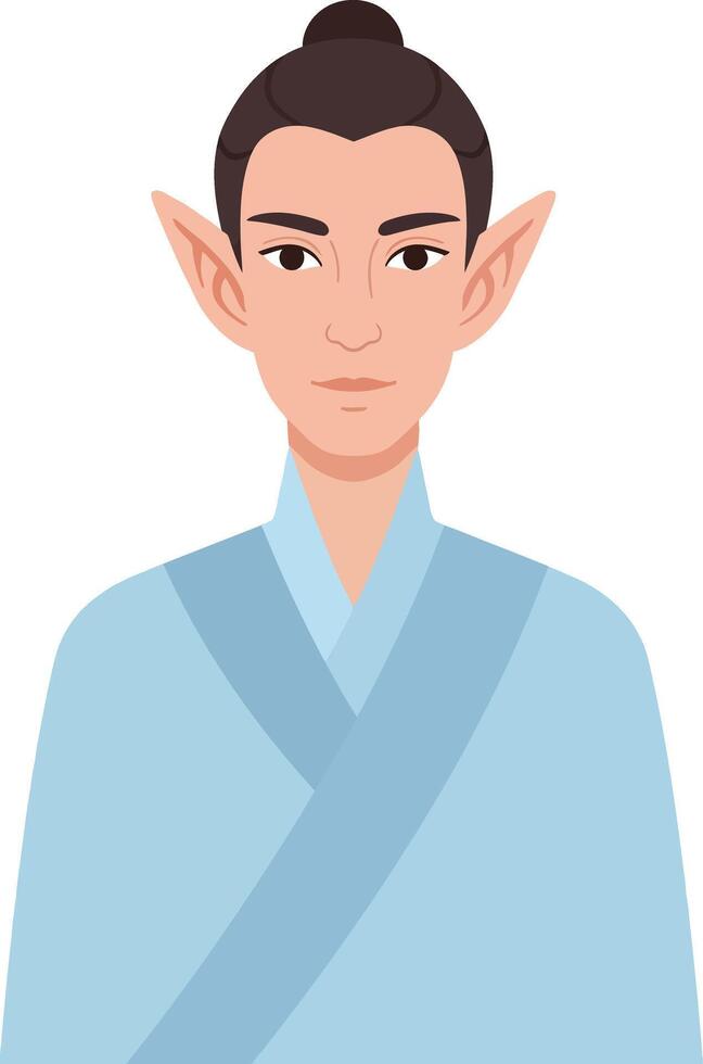 Elf character with pointed ears in traditional blue robe illustration fantasy style portrait vector