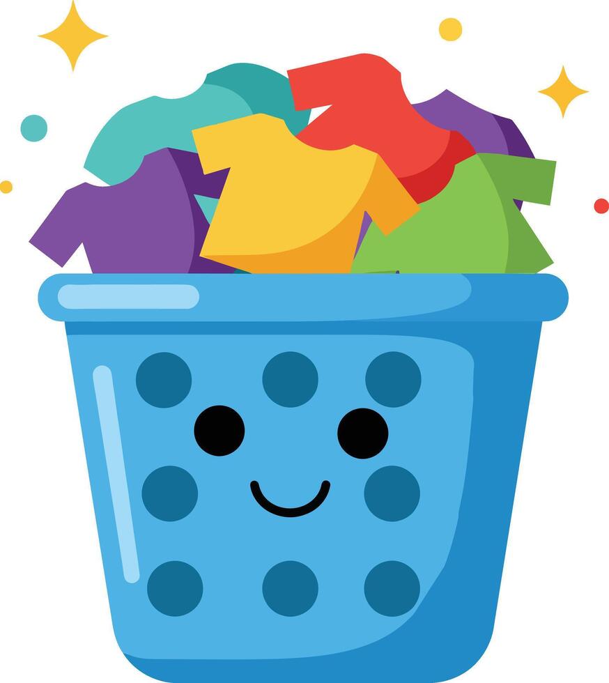 Smiling laundry basket filled with colorful clothes illustration for household chores and cleaning tasks graphic vector
