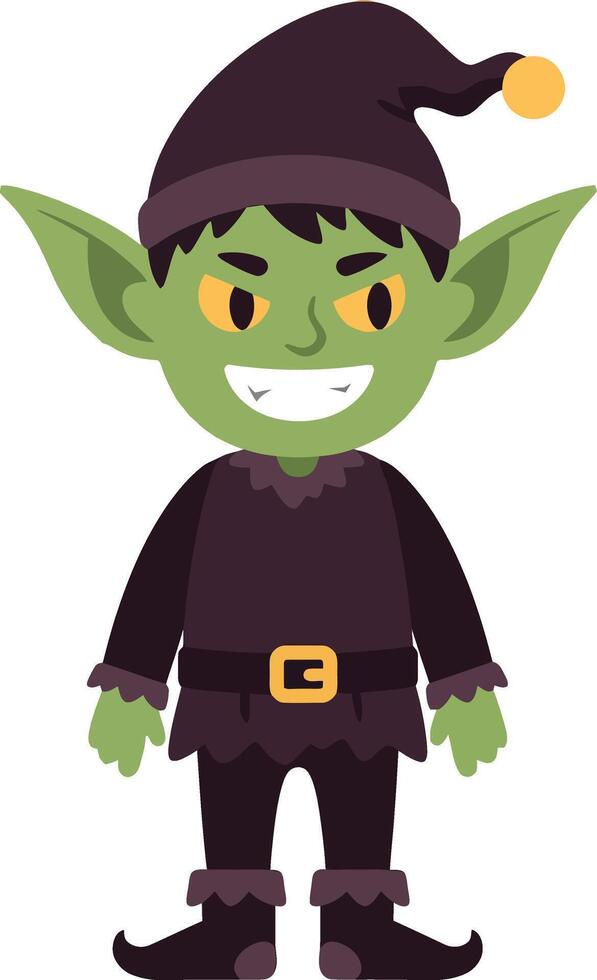 Green goblin character in dark costume with pointy hat and boots smiling mischievously illustration vector