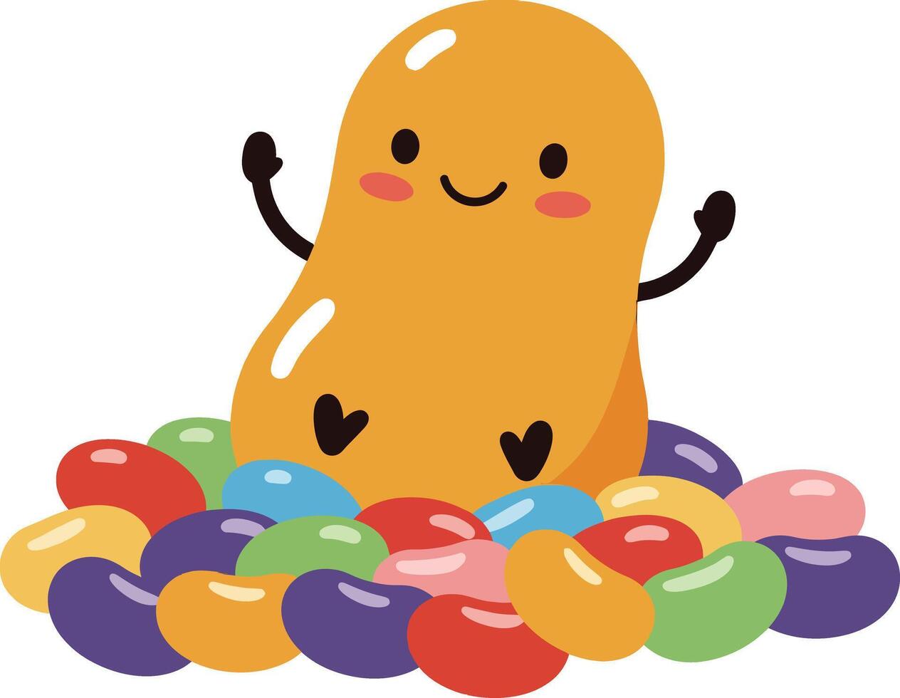 Cute jelly bean character sitting among colorful assorted jelly beans illustration with happy expression vector