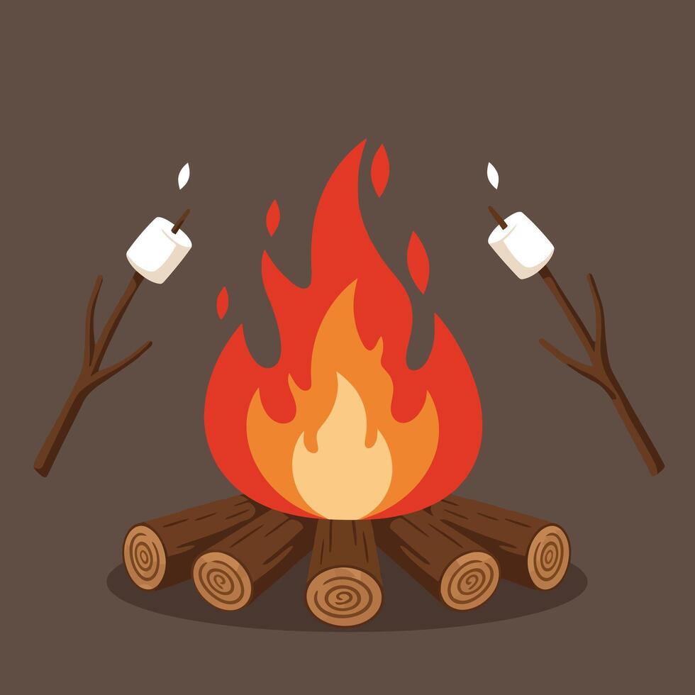 Campfire with marshmallows roasting on sticks illustration in warm orange and brown tones for outdoor leisure activities vector