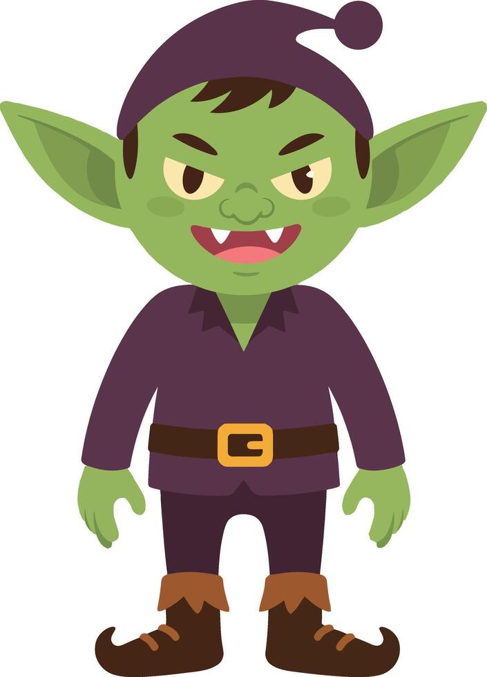 Green goblin character with purple outfit and pointed ears illustration for fantasy design vector