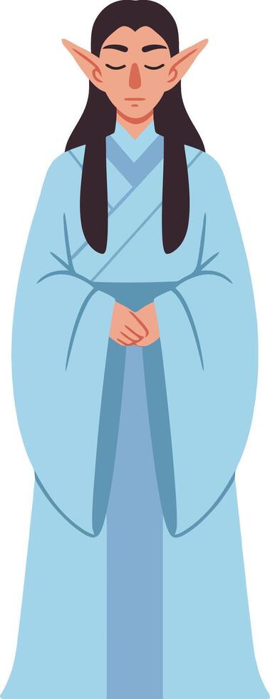Elf character in traditional blue robe standing with closed eyes and calm expression fantasy illustration vector