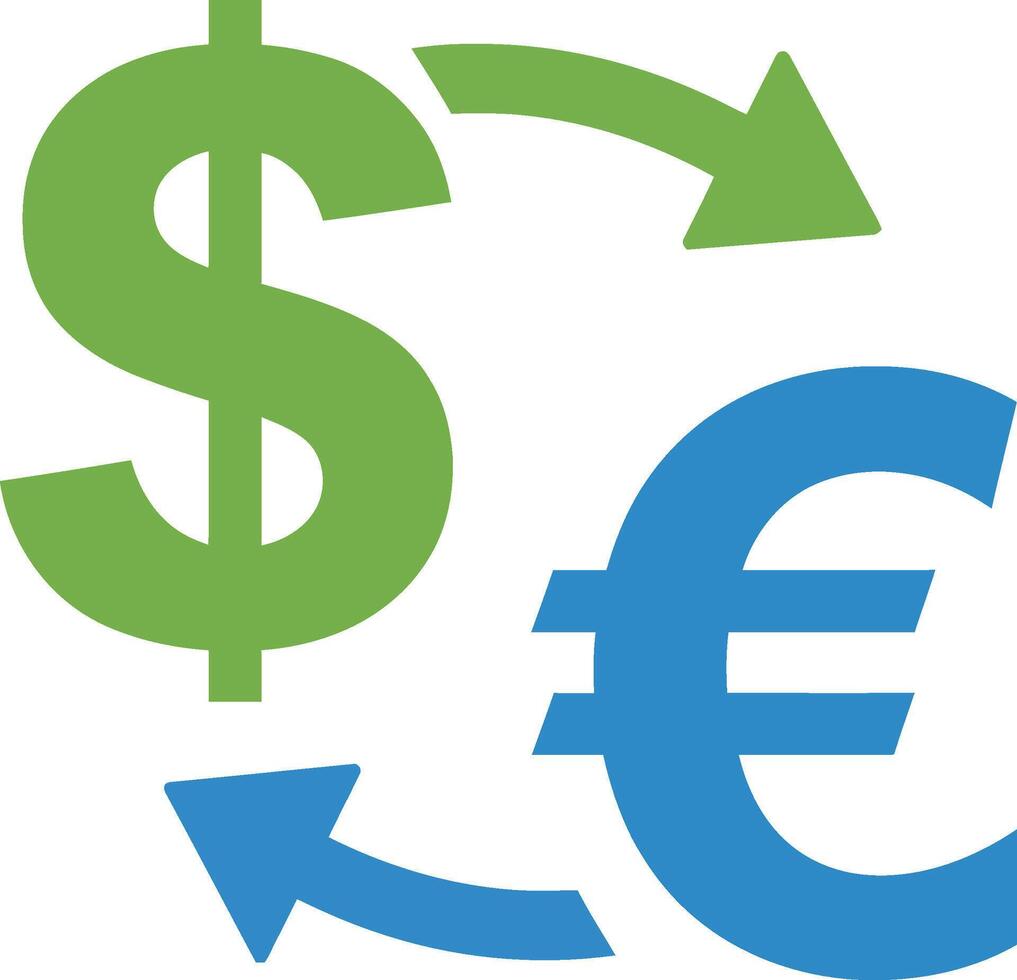 Currency exchange symbol with green dollar and blue euro signs in circular arrows for financial transactions vector