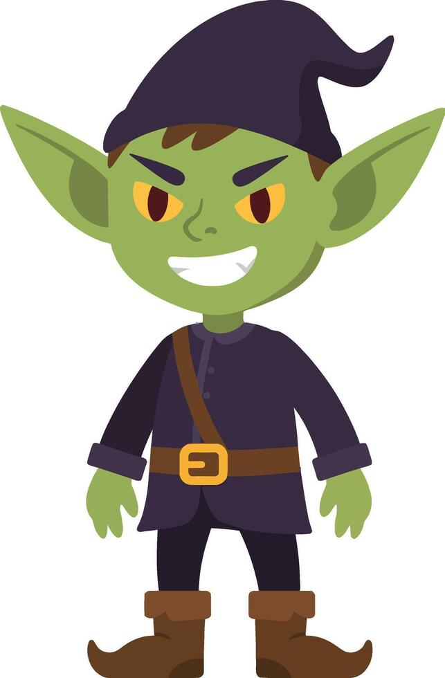 Green goblin character with pointed ears and dark clothing fantasy creature illustration vector