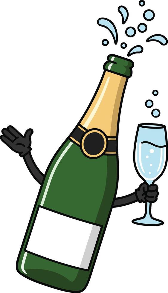 Champagne bottle cartoon character holding glass with bubbly liquid and popping cork illustration vector