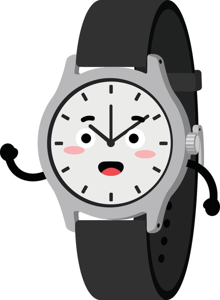 Animated wristwatch with black strap and expressive face showing time in illustration vector