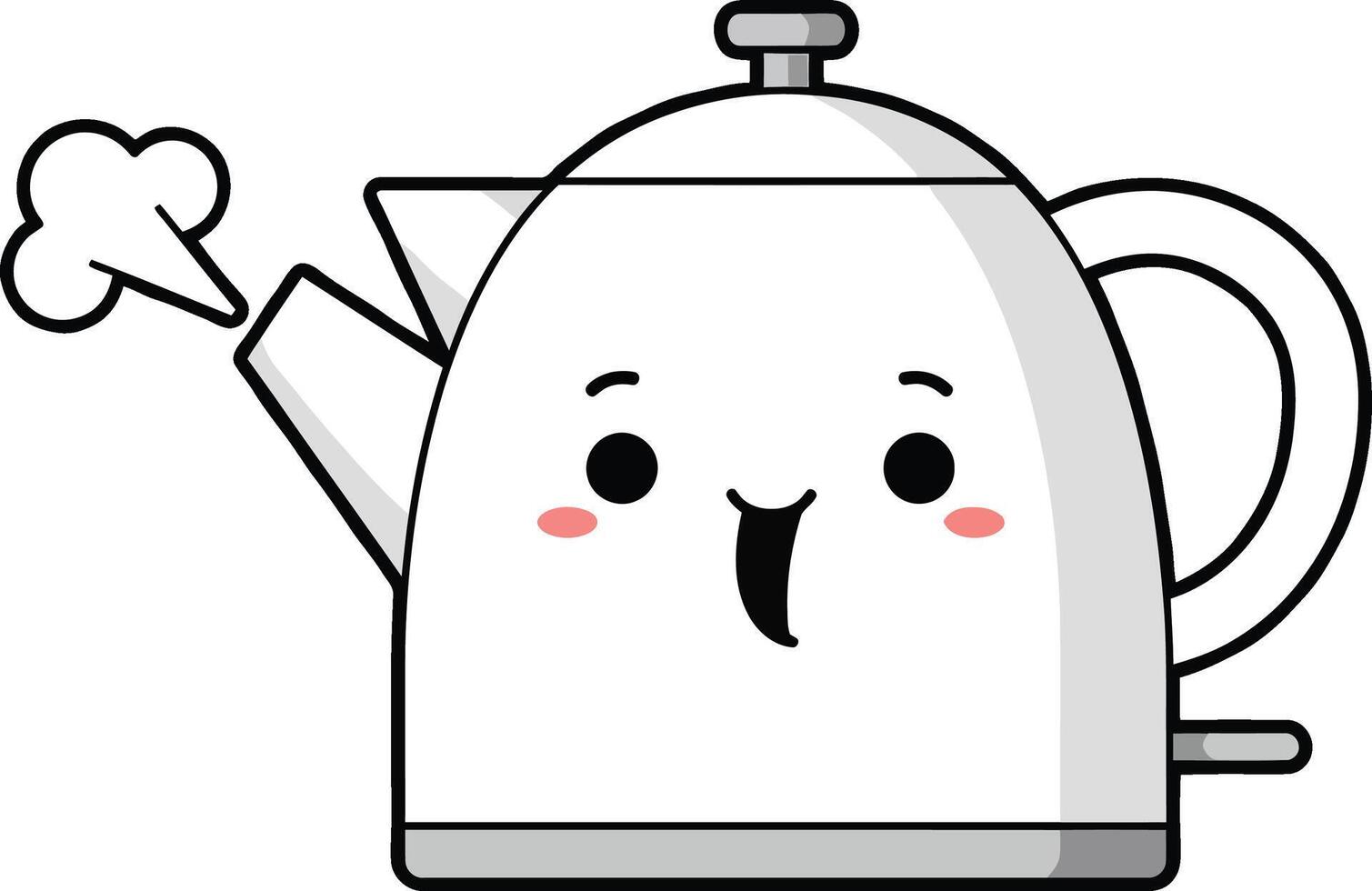 Cute white cartoon kettle with steam and smiling face illustration vector