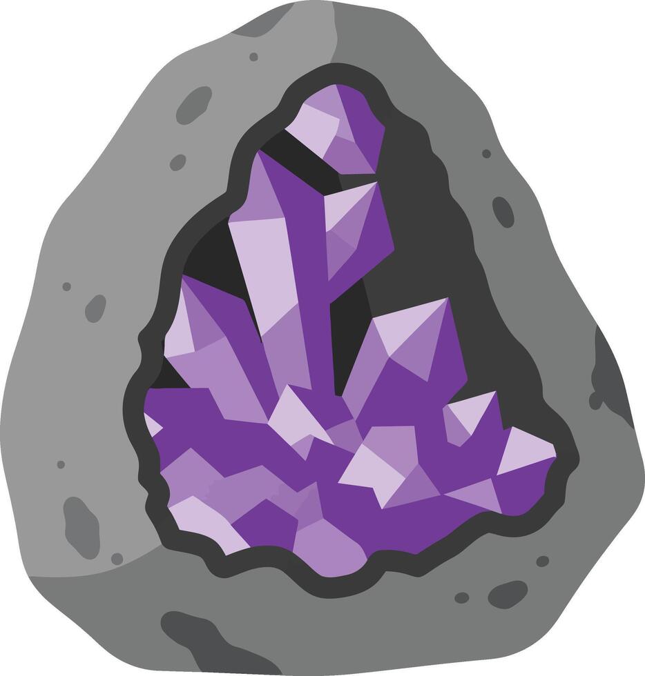 Purple amethyst crystal stone with gray rocky geode natural mineral illustration vector