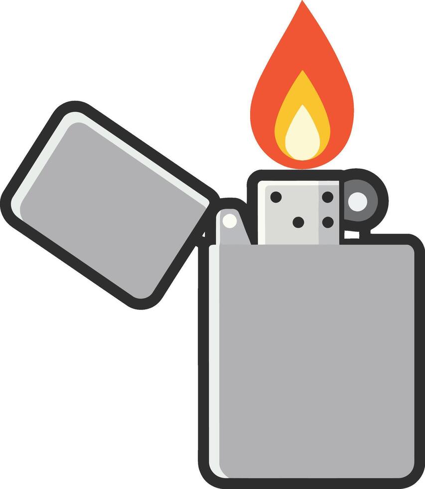 Metal flip top lighter with bright flame ignition illustration simple style vector