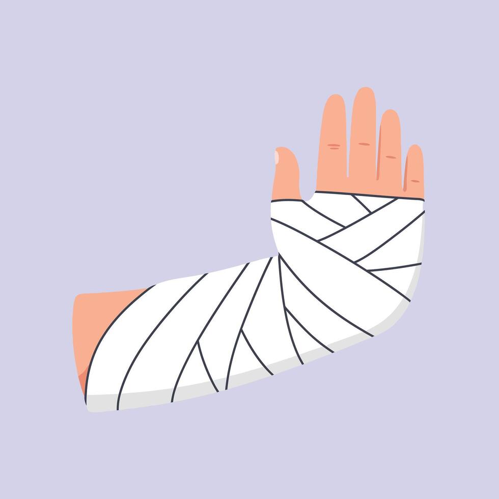 Arm with white medical bandage wrapped around wrist and palm for injury care illustration vector