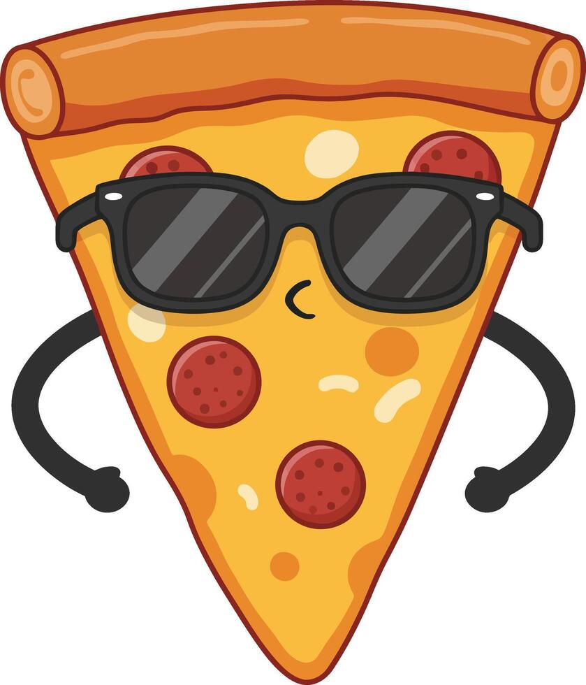 Cartoon pizza slice with sunglasses and arms illustration of cool food character in fun style vector