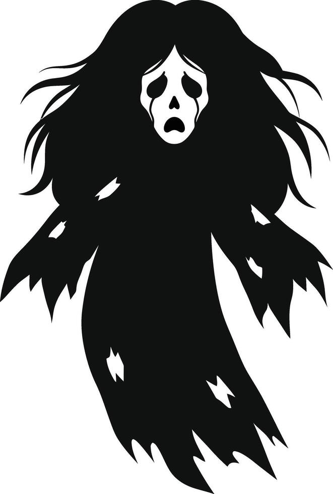 Ghost silhouette with flowing hair and sad face in spooky Halloween style illustration vector