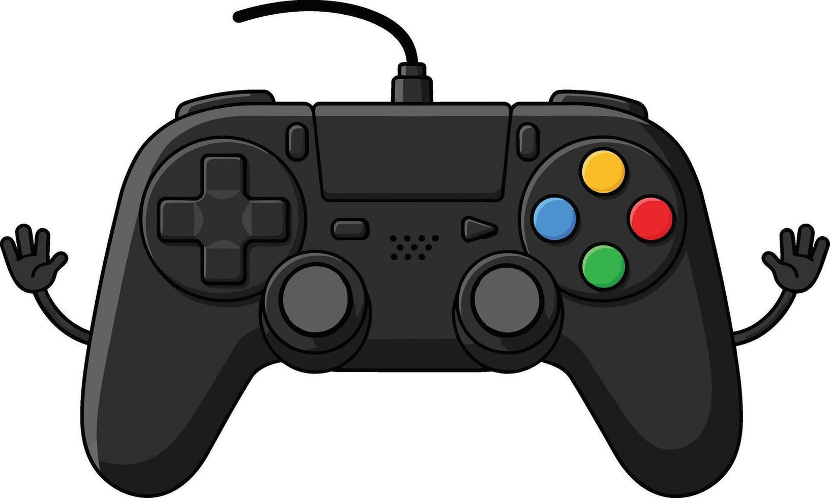 Black game controller with colorful buttons and cartoon hands gaming device illustration vector