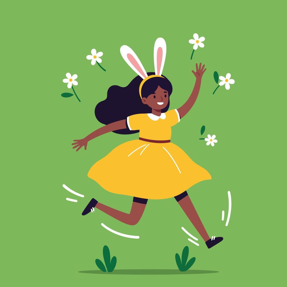 Girl in yellow dress with bunny ears running and playing with flowers on green background spring scene illustration vector