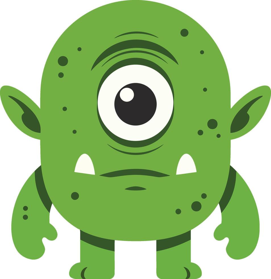 Green one-eyed cartoon monster character with ears and teeth illustration for kids and fantasy designs vector