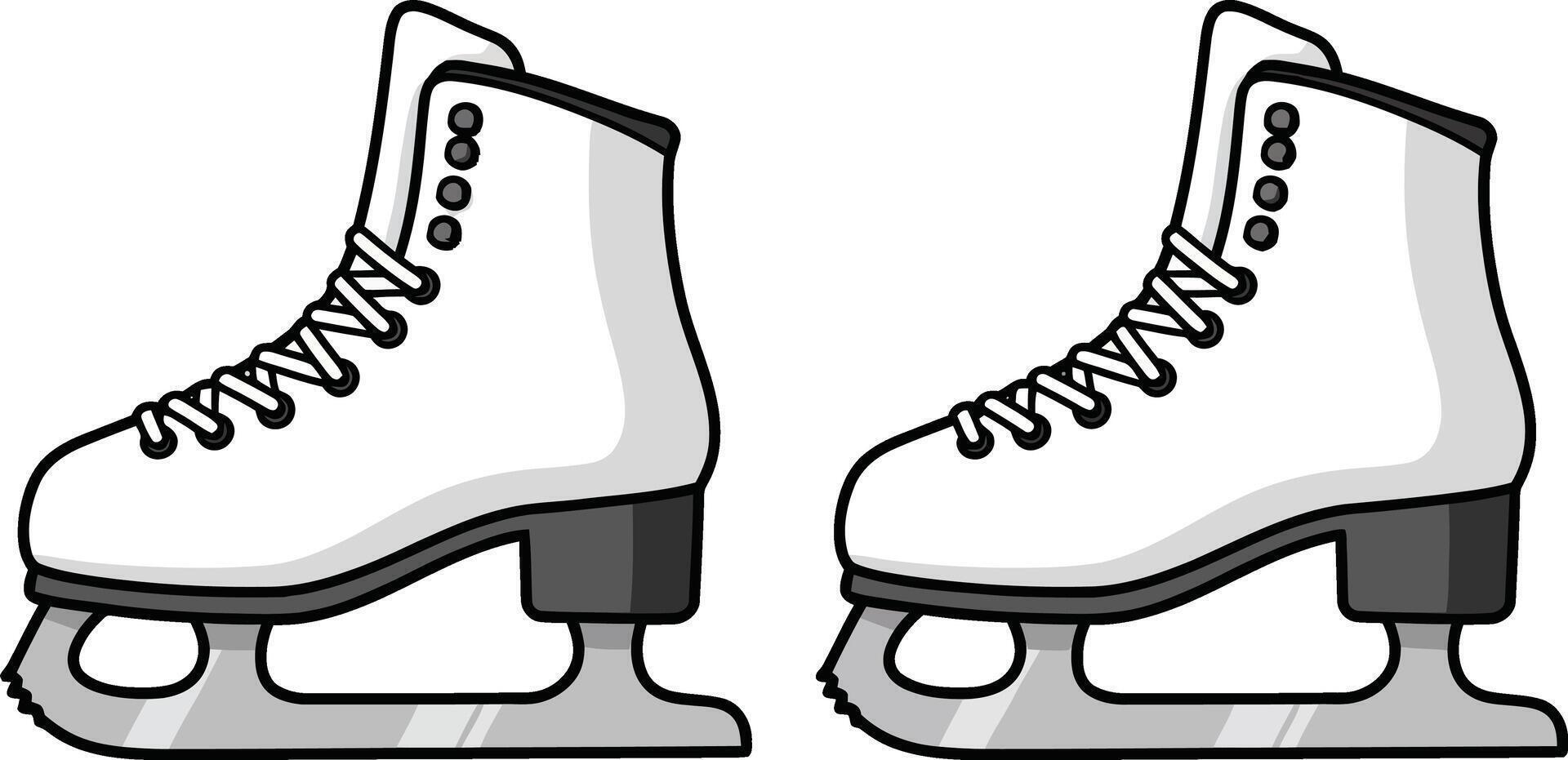 Pair of white ice skates with black blade and laces illustration for winter sports and leisure activities vector
