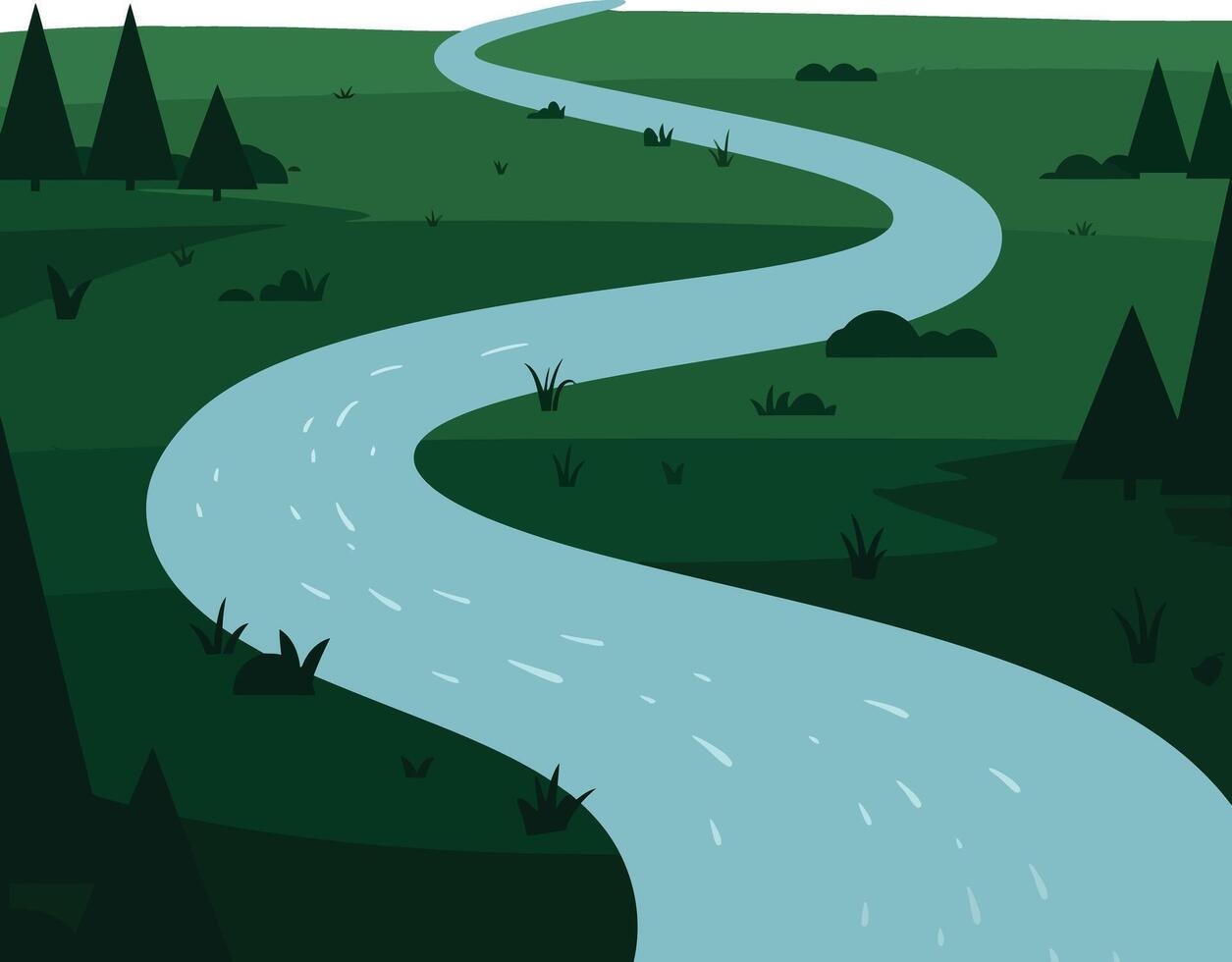 Winding river flowing through green forest landscape with pine trees and bushes natural scenery illustration vector