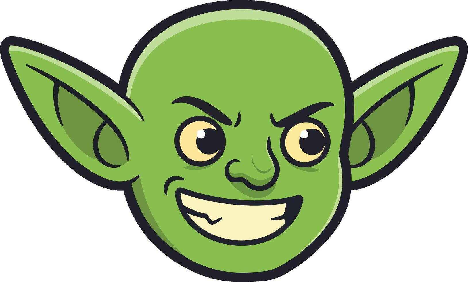 Green goblin face cartoon illustration with mischievous expression and pointed ears vector