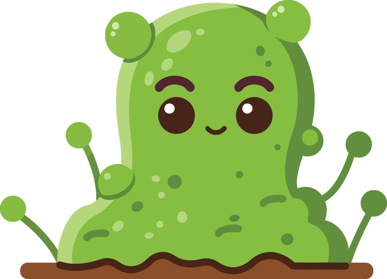 Cute green slime cartoon character with happy face and soil base illustration vector