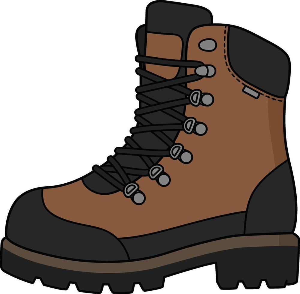 Hiking boot illustration in brown and black colors with lace-up design for outdoor activities and trekking footwear vector