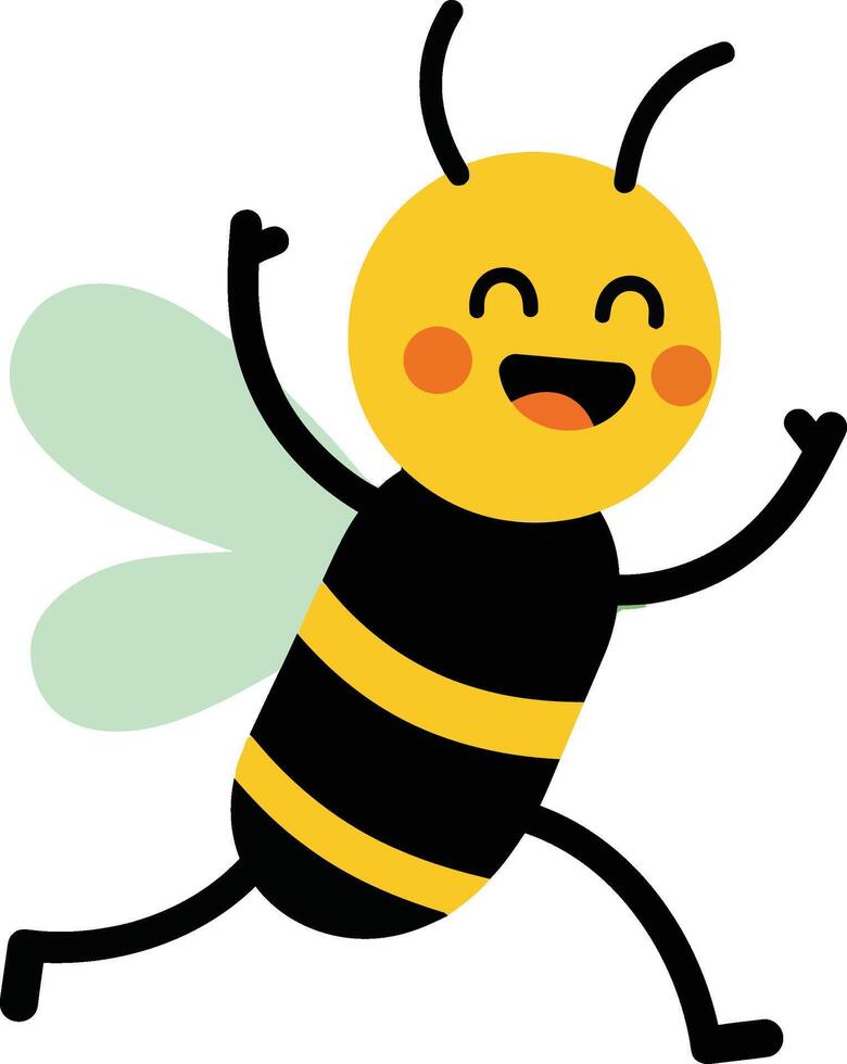 Happy playful bee cartoon character flying with smiling face and wings illustration vector