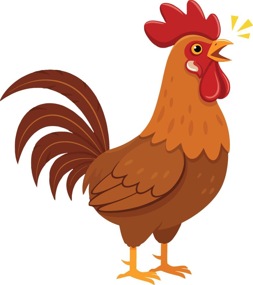 Rooster crowing on white background with red comb and brown feathers illustration vector