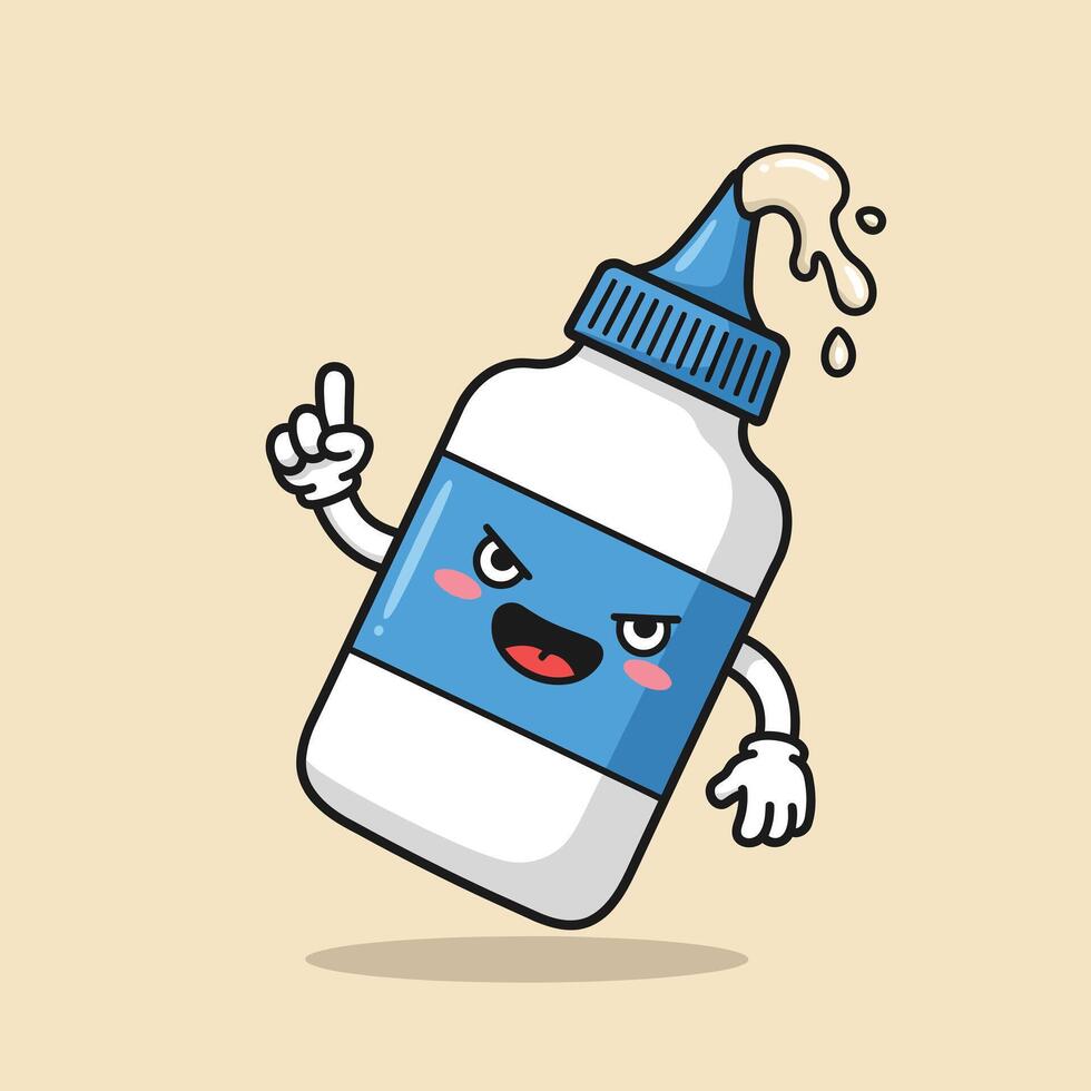 Cartoon style white glue bottle character with blue label and cap dripping adhesive illustration vector