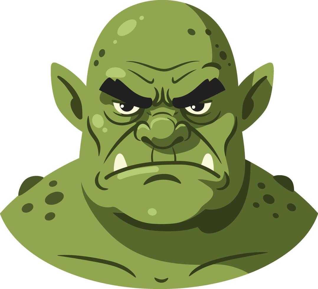 Green angry orc monster face with tusks and pointed ears fantasy character illustration vector