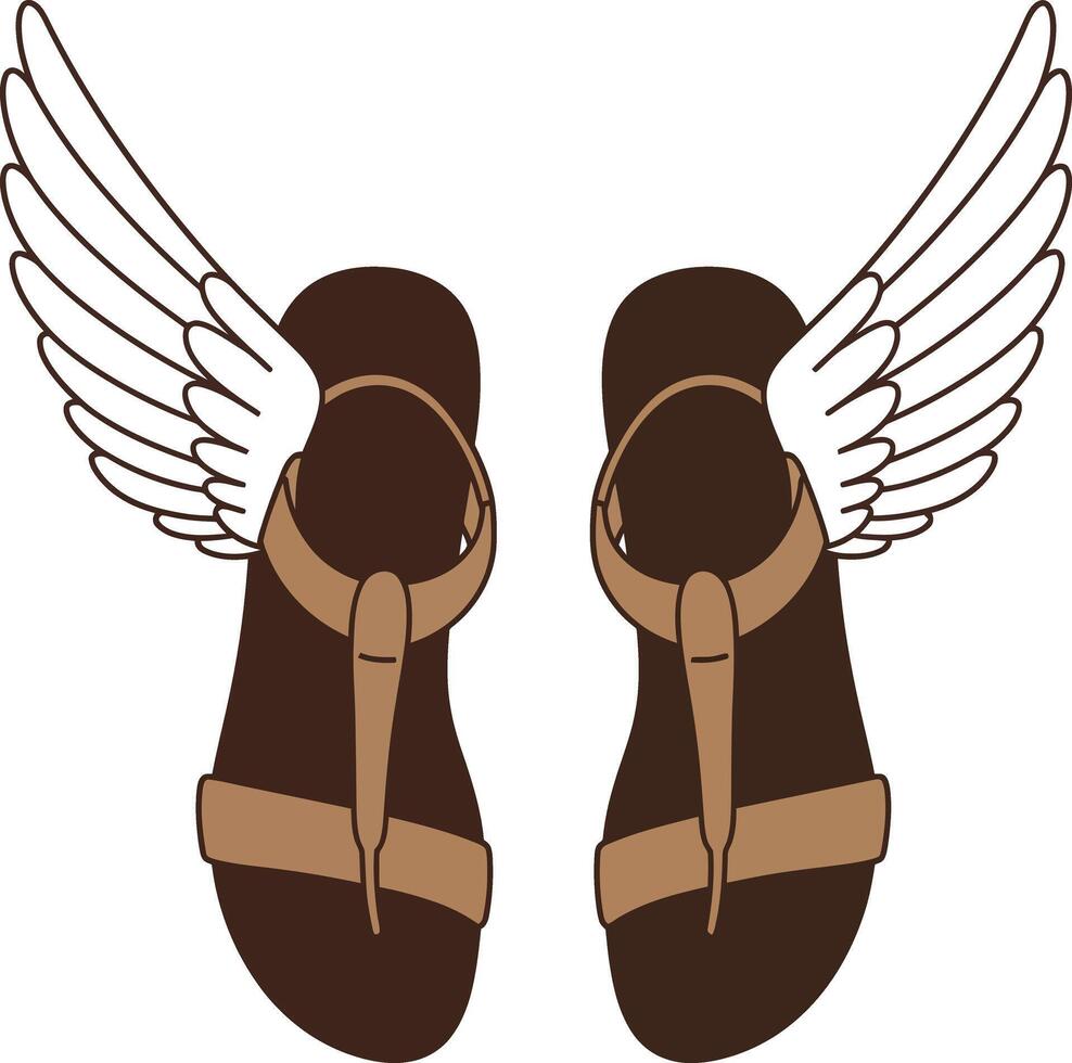 Brown sandals with white wings illustration featuring flying footwear design for creative graphic projects and fashion concepts vector