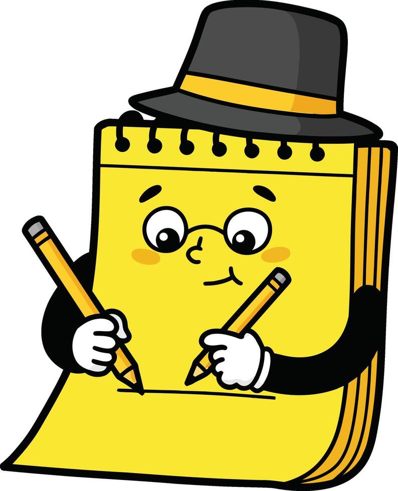 Animated yellow notepad character writing with pencil wearing black and yellow hat illustration vector