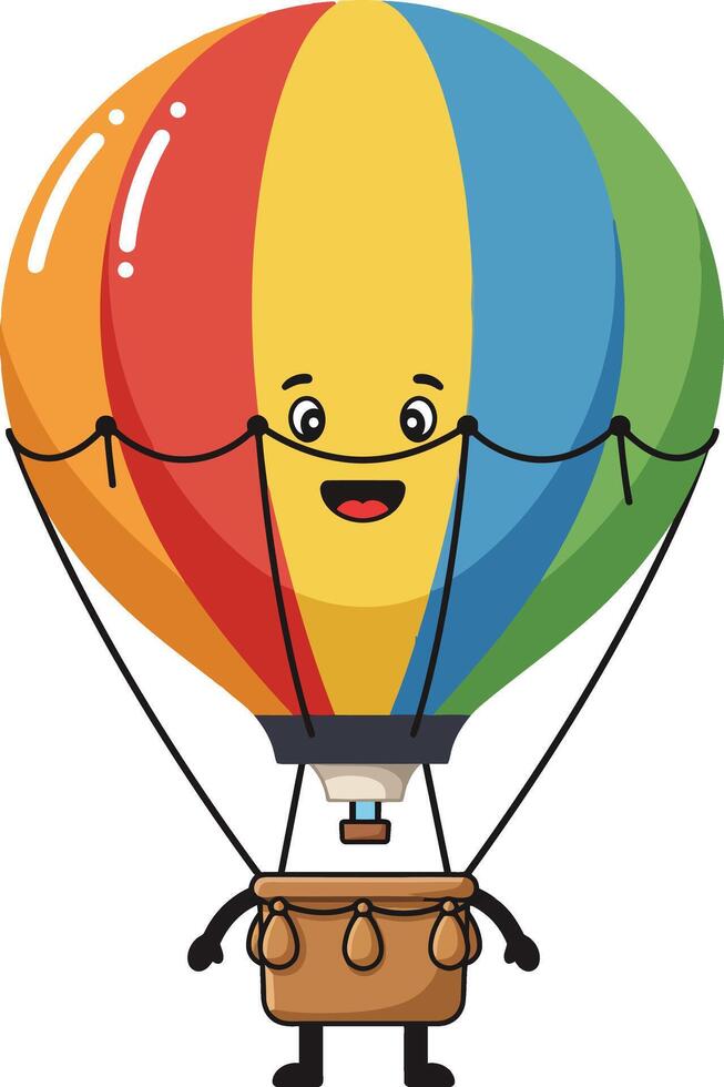 Colorful smiling hot air balloon character with striped canopy and basket illustration vector