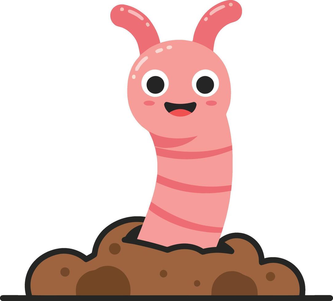 Happy pink cartoon earthworm coming out of soil illustration with cute facial expression and round eyes vector